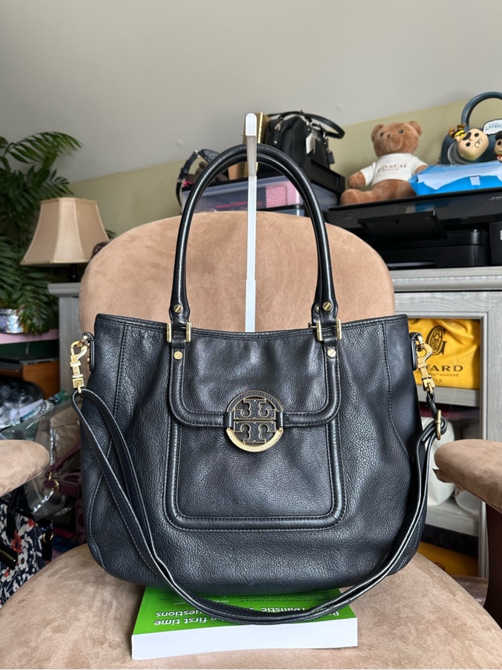 #97. Tory Burch Amanda Black Pebbled Leather Satchel Hobo Bag VeryGood Condition